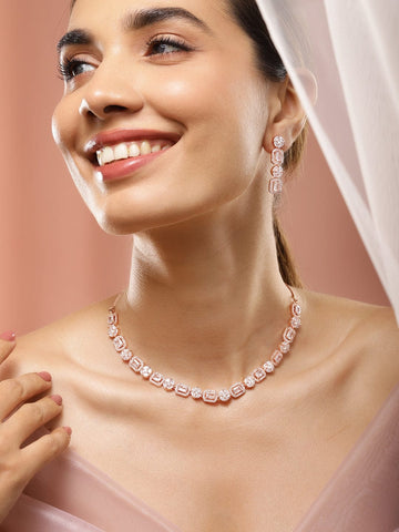 Rubans 18K Rose Gold-Plated White Cubic Zirconia Studded Jewellery Set Necklaces, Necklace Sets, Chains & Mangalsutra