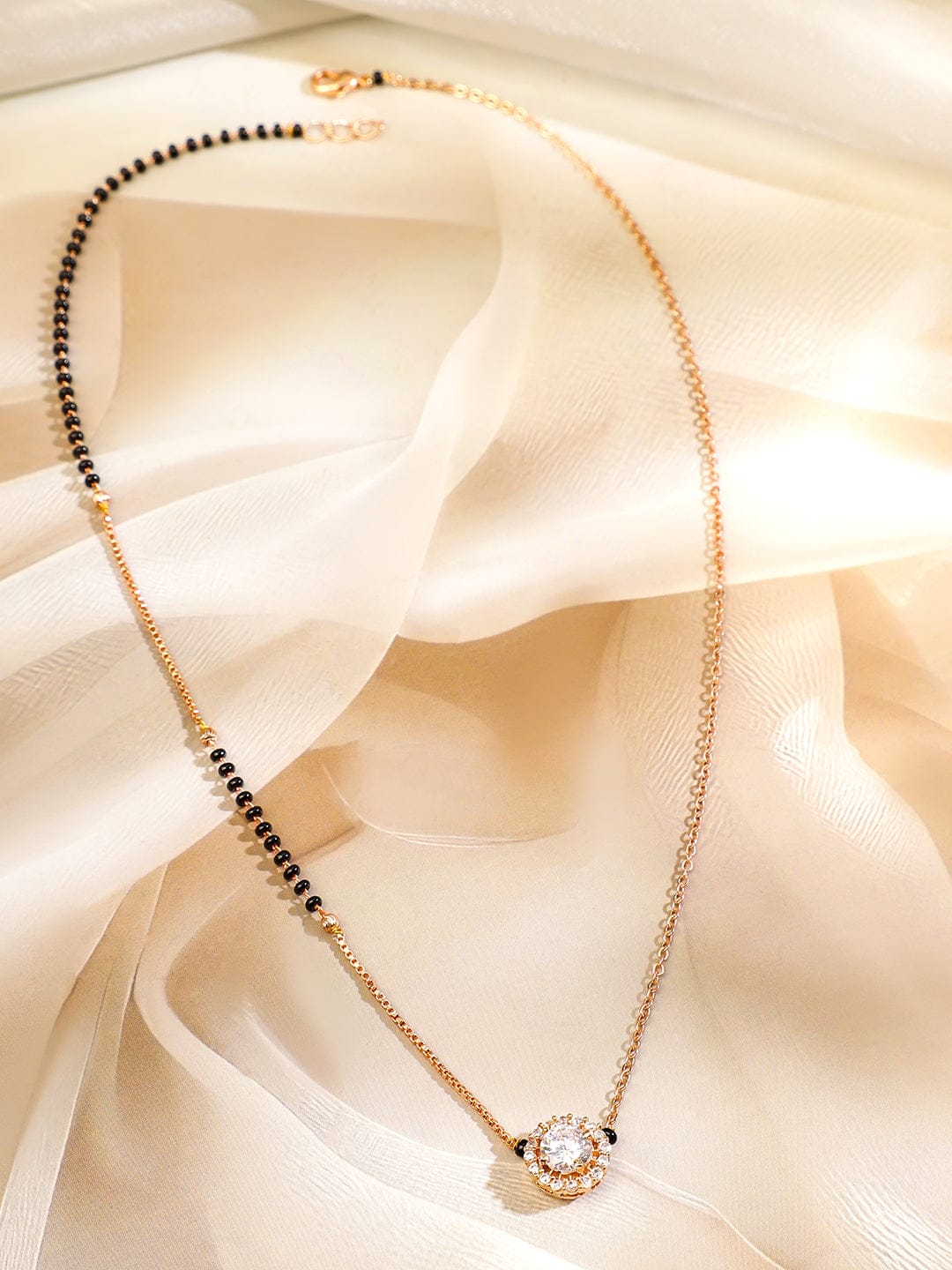 Rubans 18K Rose Gold-Plated White Cubic Zirconia Studded Round Pendant Mangalsutra with Black Beaded Chain Mangalsutra