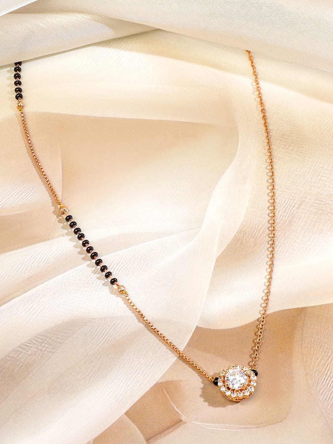 Rubans 18K Rose Gold-Plated White Cubic Zirconia Studded Round Pendant Mangalsutra with Black Beaded Chain Mangalsutra