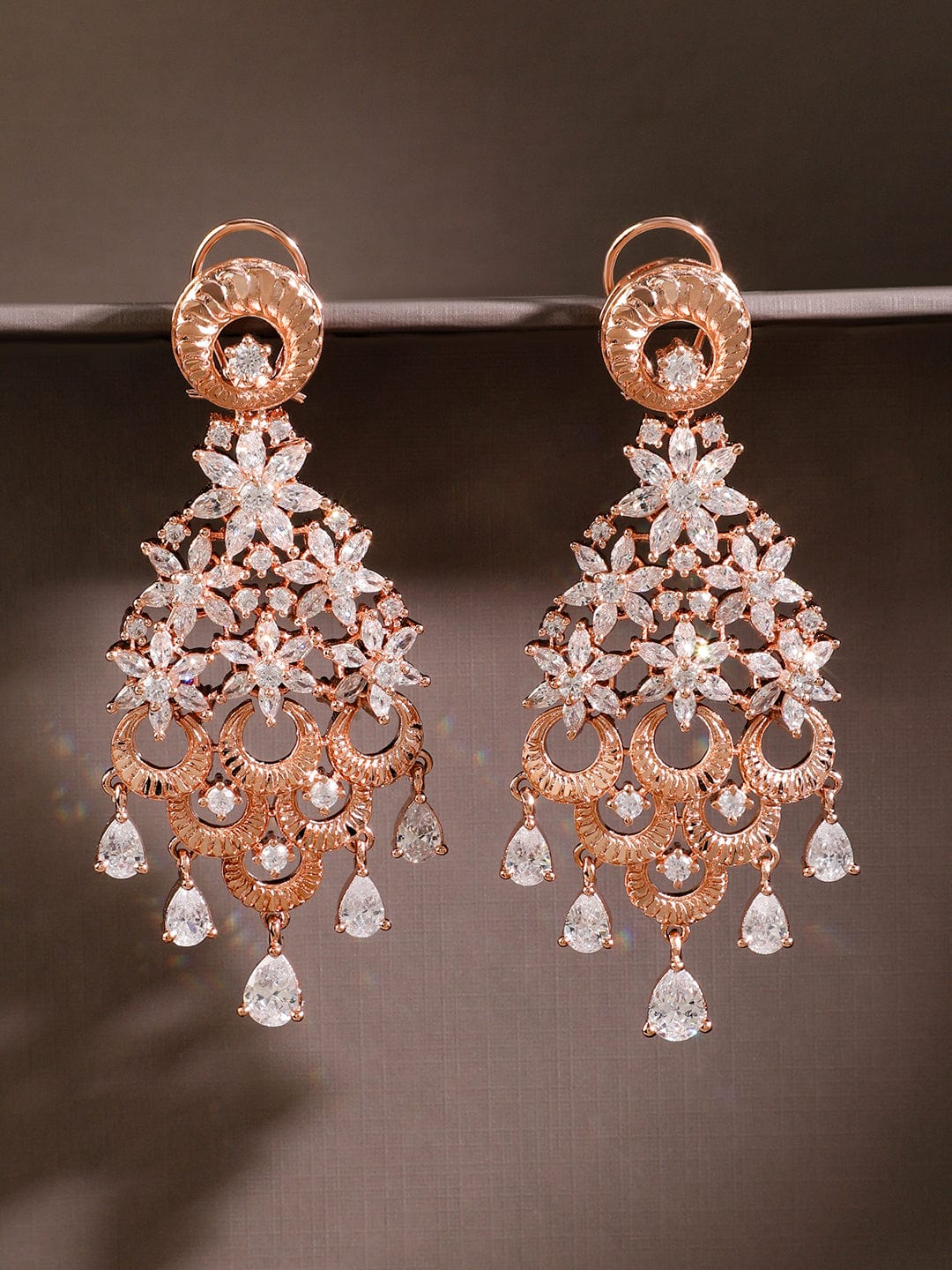 Rubans 18K Rose Gold & Rhodium -Plated Ruby Pink & White Cubic Zirconia Floral Cascading Chandelier Earrings Chandelier Earrings