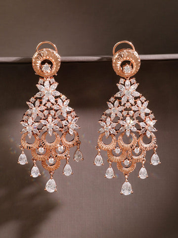 Rubans 18K Rose Gold & Rhodium -Plated Ruby Pink & White Cubic Zirconia Floral Cascading Chandelier Earrings Chandelier Earrings