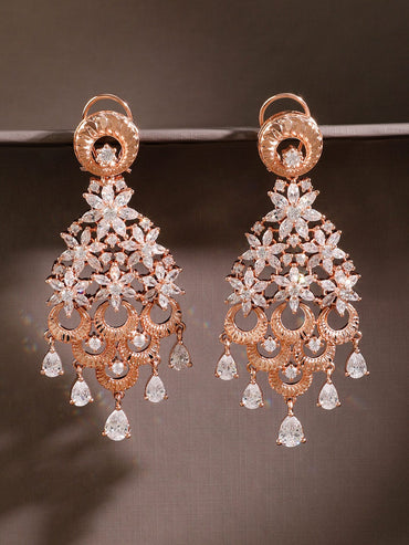 Rubans 18K Rose Gold & Rhodium -Plated Ruby Pink & White Cubic Zirconia Floral Cascading Chandelier Earrings Chandelier Earrings