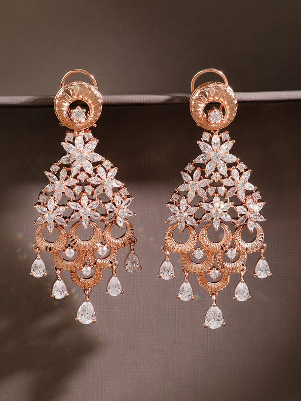 Rubans 18K Rose Gold & Rhodium -Plated Ruby Pink & White Cubic Zirconia Floral Cascading Chandelier Earrings Chandelier Earrings