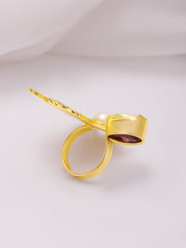 Rubans 18KT Gold-Plated Crystal Studded & Beaded Peacock Motif Ring Rings