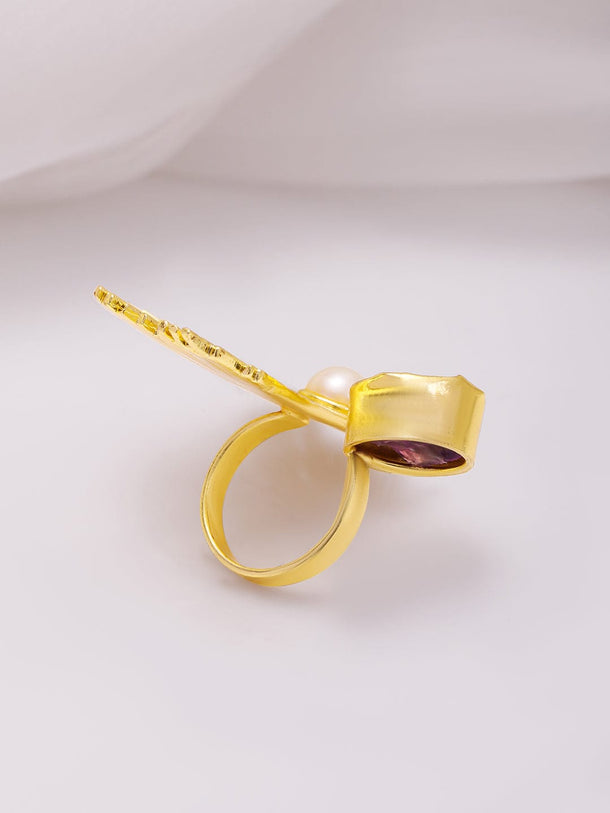 Rubans 18KT Gold-Plated Crystal Studded & Beaded Peacock Motif Ring Rings