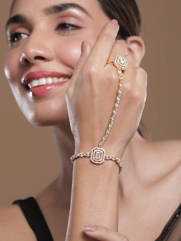 Rubans 18KT Gold-Plated Cubic Zirconia Studded Hand Harness Ring Bracelet Wristwear