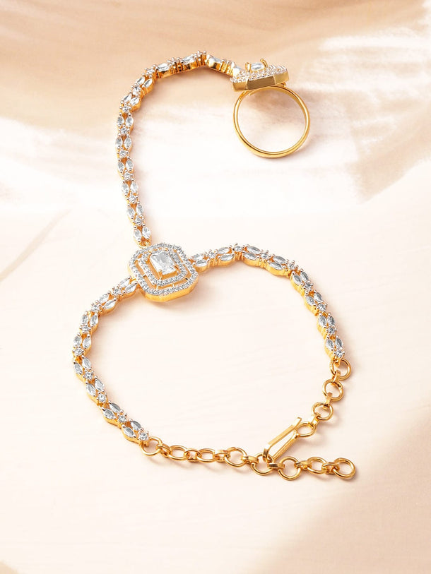 Rubans 18KT Gold-Plated Cubic Zirconia Studded Hand Harness Ring Bracelet Wristwear