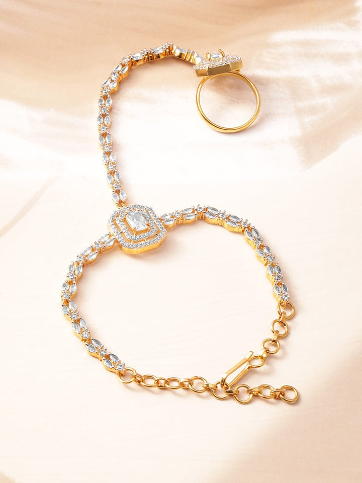 Rubans 18KT Gold-Plated Cubic Zirconia Studded Hand Harness Ring Bracelet Wristwear