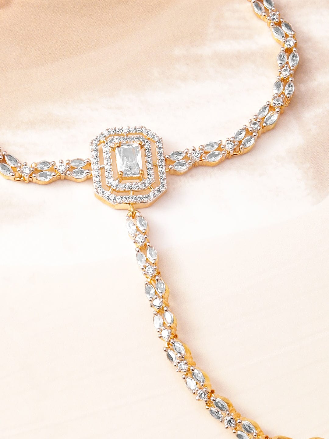 Rubans 18KT Gold-Plated Cubic Zirconia Studded Hand Harness Ring Bracelet Wristwear