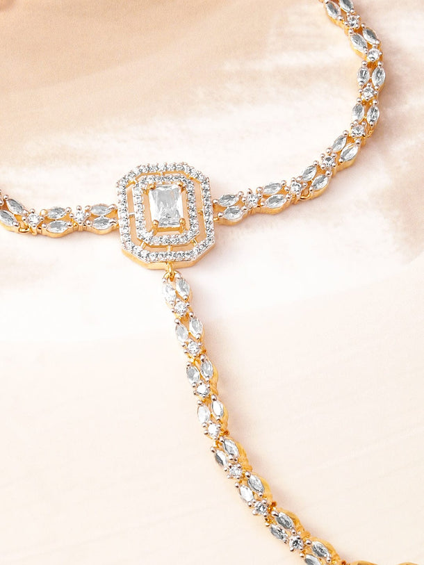 Rubans 18KT Gold-Plated Cubic Zirconia Studded Hand Harness Ring Bracelet Wristwear