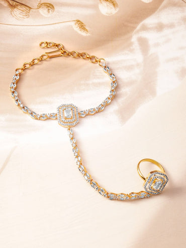 Rubans 18KT Gold-Plated Cubic Zirconia Studded Hand Harness Ring Bracelet Wristwear