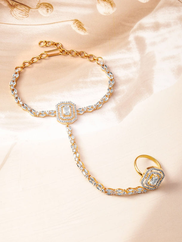 Rubans 18KT Gold-Plated Cubic Zirconia Studded Hand Harness Ring Bracelet Wristwear