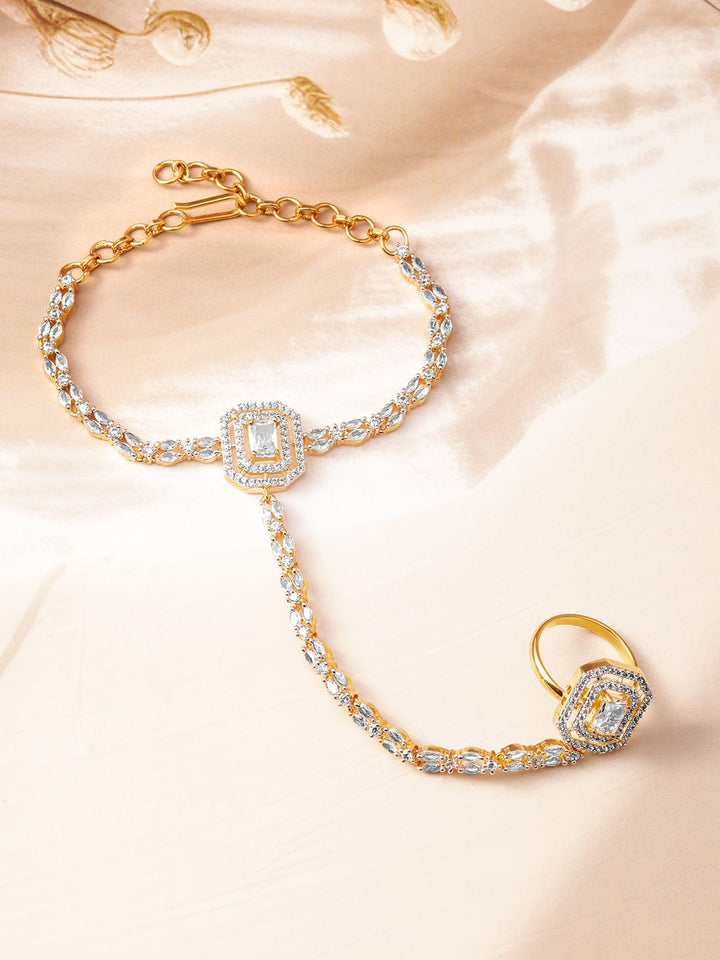 Rubans 18KT Gold-Plated Cubic Zirconia Studded Hand Harness Ring Bracelet Wristwear