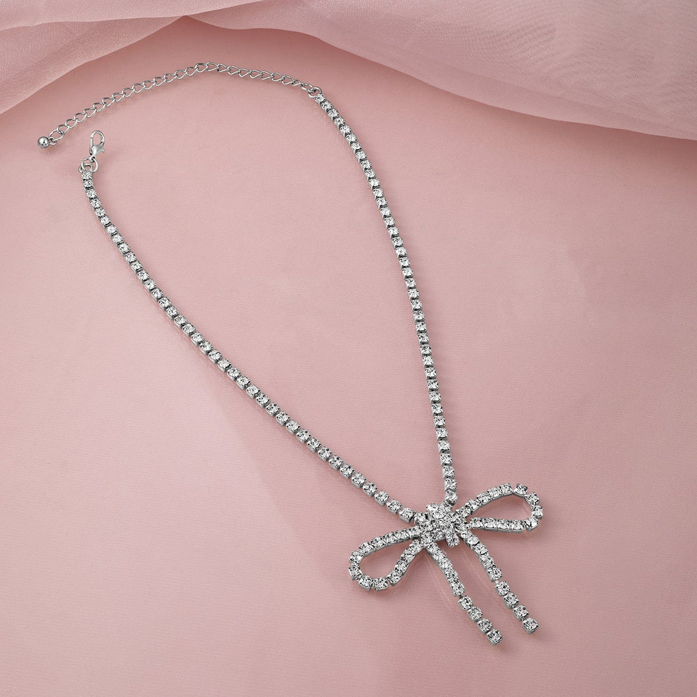 Rubans 18KT Gold Plated Cubic Zirconia Studded Statement Glamorous Bow Pendant Necklace Necklace & Chain