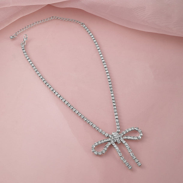 Rubans 18KT Gold Plated Cubic Zirconia Studded Statement Glamorous Bow Pendant Necklace Necklace & Chain