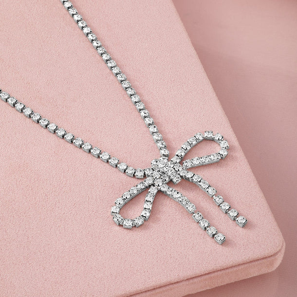 Rubans 18KT Gold Plated Cubic Zirconia Studded Statement Glamorous Bow Pendant Necklace Necklace & Chain