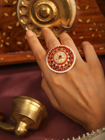 Rubans 18KT Gold-Plated Kundan Stone Studded & Pearls Beaded Adjustable Finger Ring Finger Rings