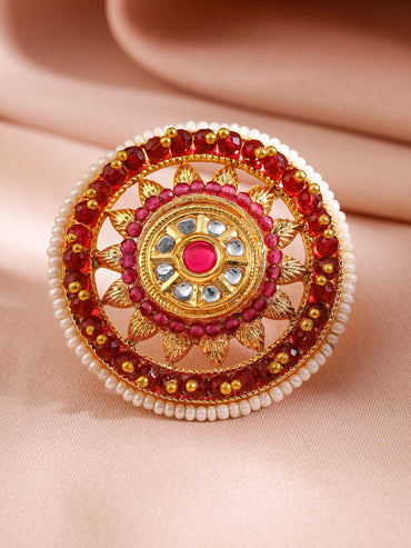 Rubans 18KT Gold-Plated Kundan Stone Studded & Pearls Beaded Adjustable Finger Ring Rings