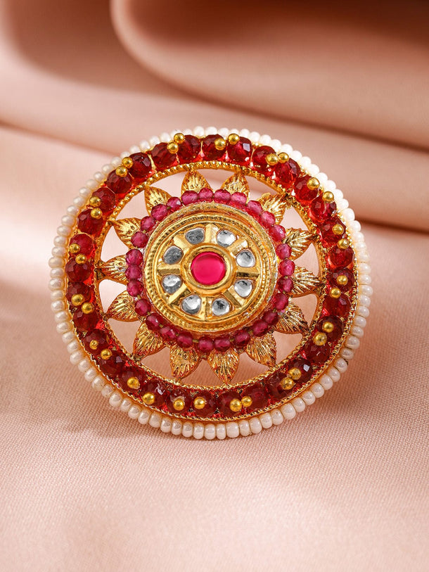Rubans 18KT Gold-Plated Kundan Stone Studded & Pearls Beaded Adjustable Finger Ring Rings