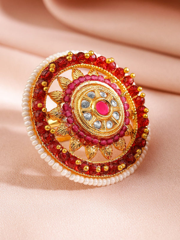 Rubans 18KT Gold-Plated Kundan Stone Studded & Pearls Beaded Adjustable Finger Ring Rings