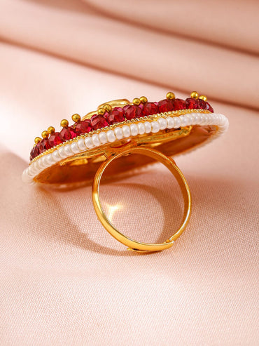 Rubans 18KT Gold-Plated Kundan Stone Studded & Pearls Beaded Adjustable Finger Ring Rings