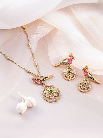 Rubans 22 K Gold-Plated Ruby, Emerald & Kundan with Zirconia Studded Peacock Design Necklace Set Necklaces, Necklace Sets, Chains & Mangalsutra