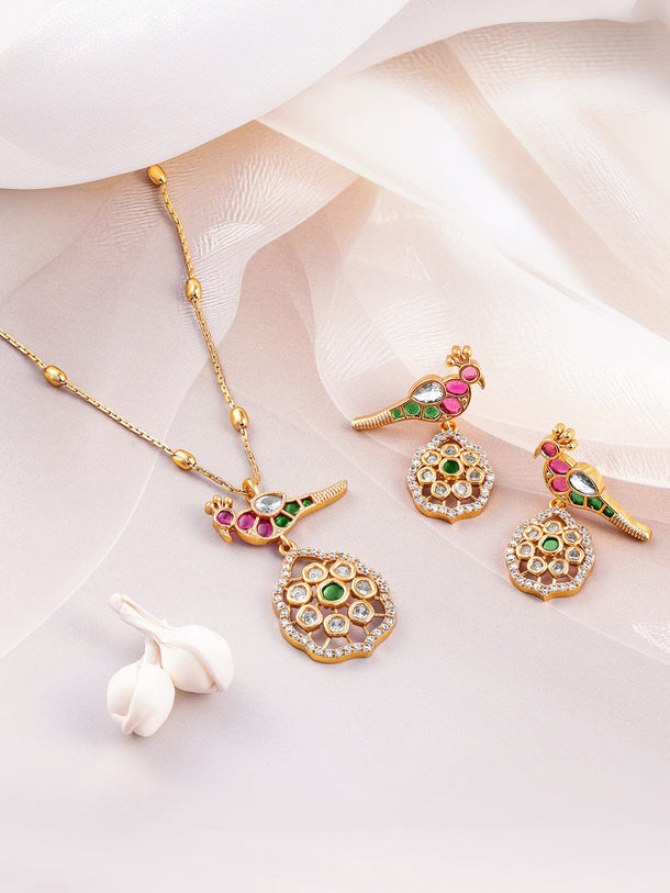 Rubans 22 K Gold-Plated Ruby, Emerald & Kundan with Zirconia Studded Peacock Design Necklace Set Necklaces, Necklace Sets, Chains & Mangalsutra