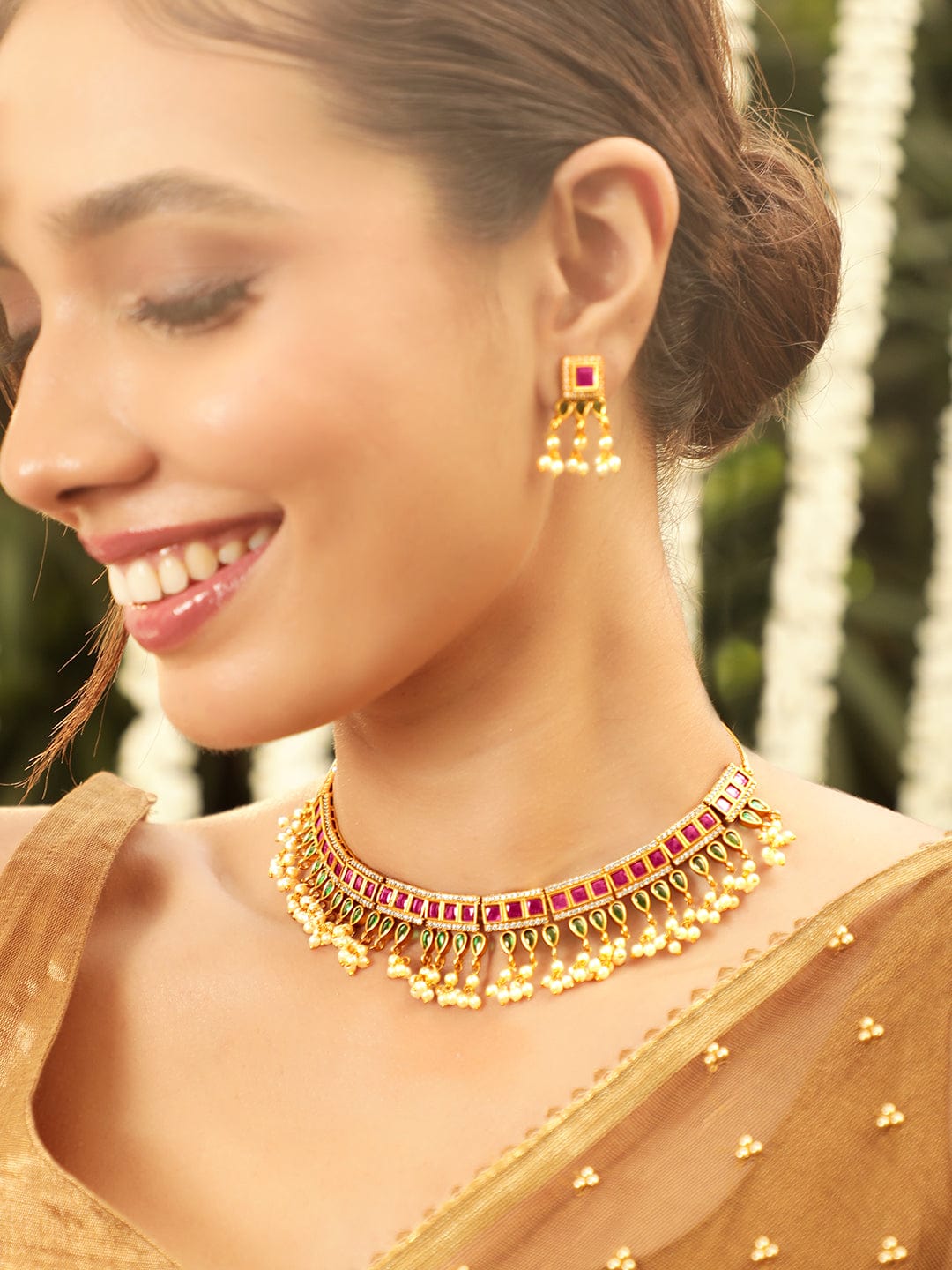 Rubans 22 KT Gold-Plated CZ-Studded  Pearl-Beaded Jewellery Set Jewellery Set
