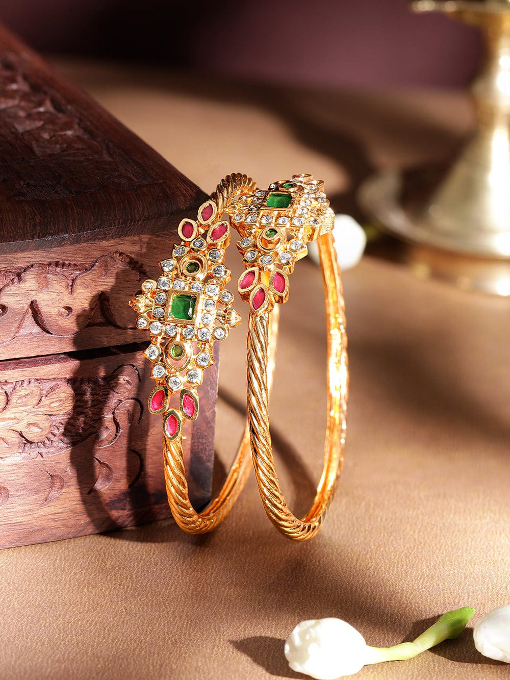 Rubans 22 KT Gold Plated Emerald Studded Zirconia Embellished Set of 2 Bangle Bangles & Bracelets