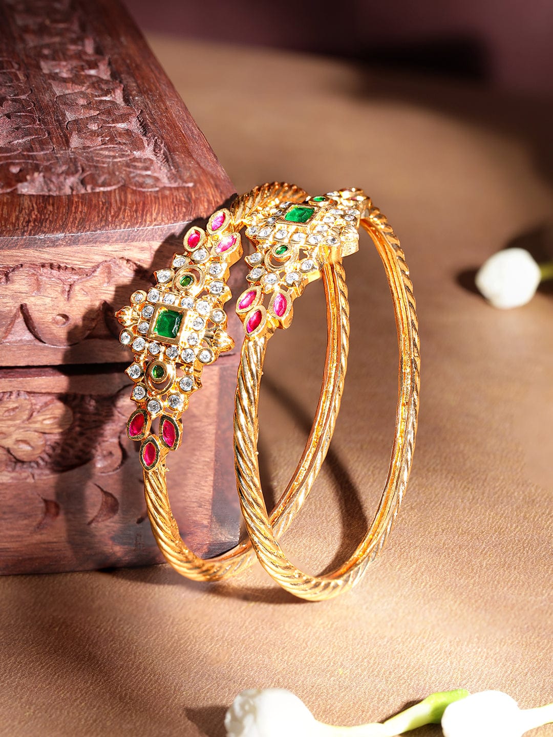 Rubans 22 KT Gold Plated Emerald Studded Zirconia Embellished Set of 2 Bangle Bangles & Bracelets