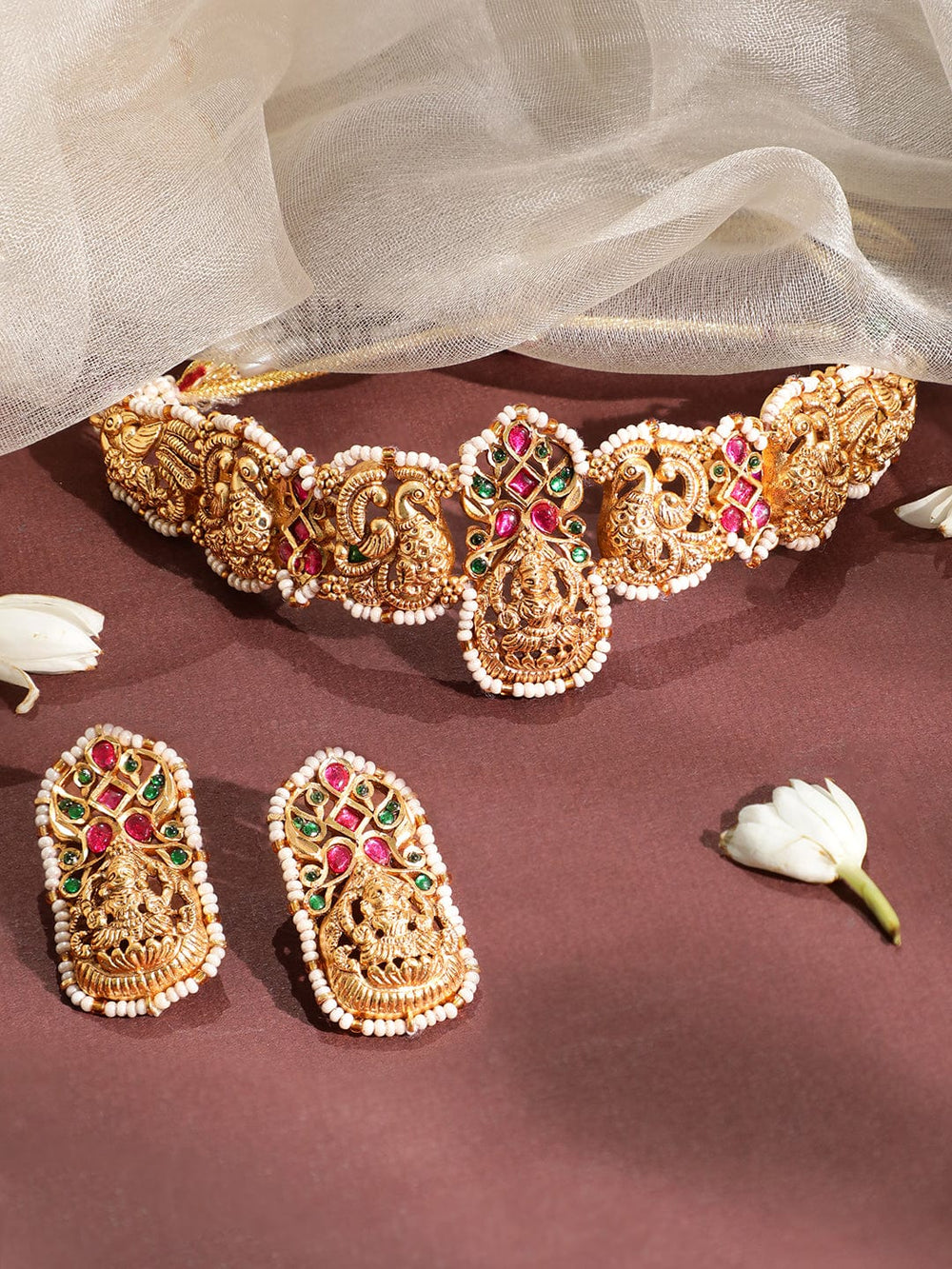 Rubans 22 KT Gold Plated Handcrafted Kundan Studded Devine Lakshmi Traditional Choker Set Jewellery Set