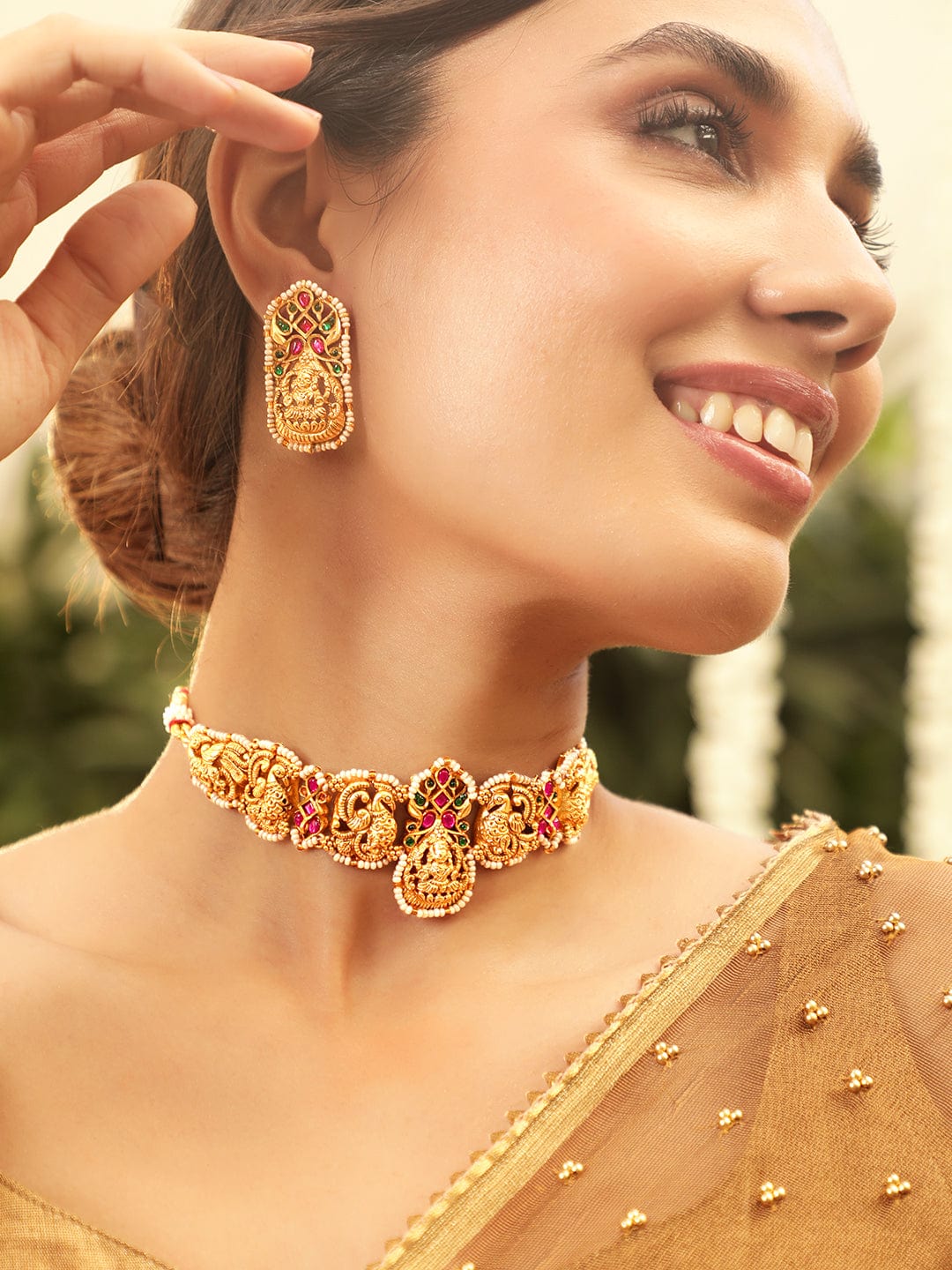 Rubans 22 KT Gold Plated Handcrafted Kundan Studded Devine Lakshmi Traditional Choker Set Jewellery Set
