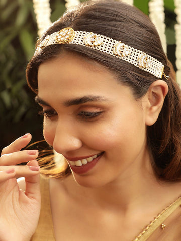 Rubans 22 KT Gold Plated Kundan Studded Pearl Beaded Floral Sheeshpool Head Jewellery