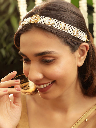 Rubans 22 KT Gold Plated Kundan Studded Pearl Beaded Floral Sheeshpool Head Jewellery