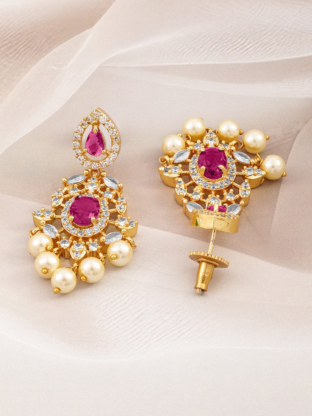 Rubans 22 Kt Gold-Plated Ruby Pink & Cubic Zirconia Studded Chandelier with Pearl Drops Earrings