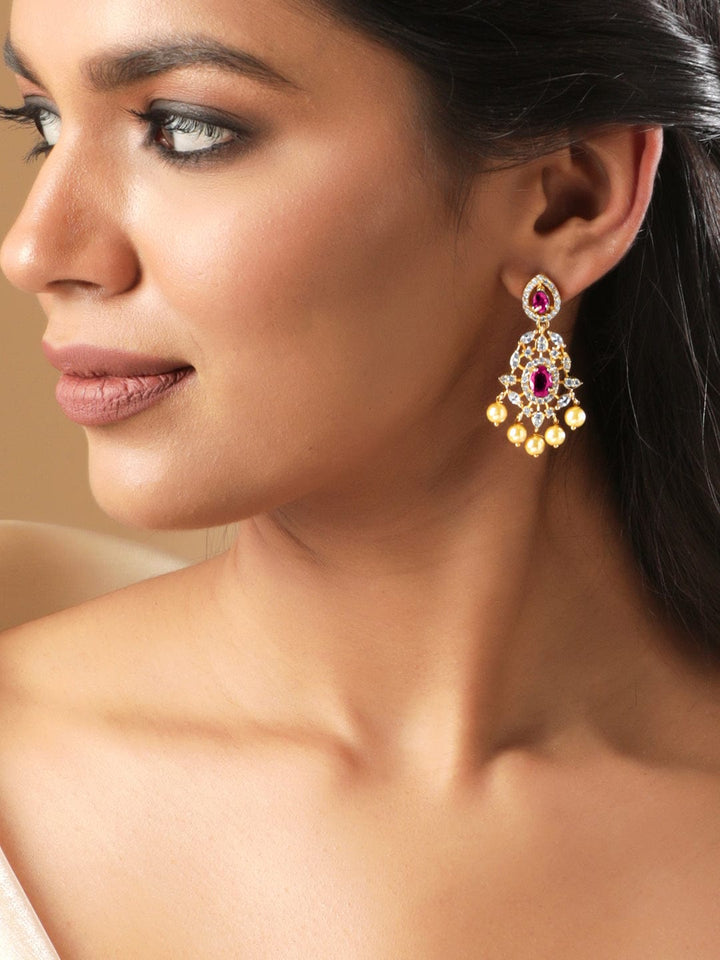 Rubans 22 Kt Gold-Plated Ruby Pink & Cubic Zirconia Studded Chandelier with Pearl Drops Earrings