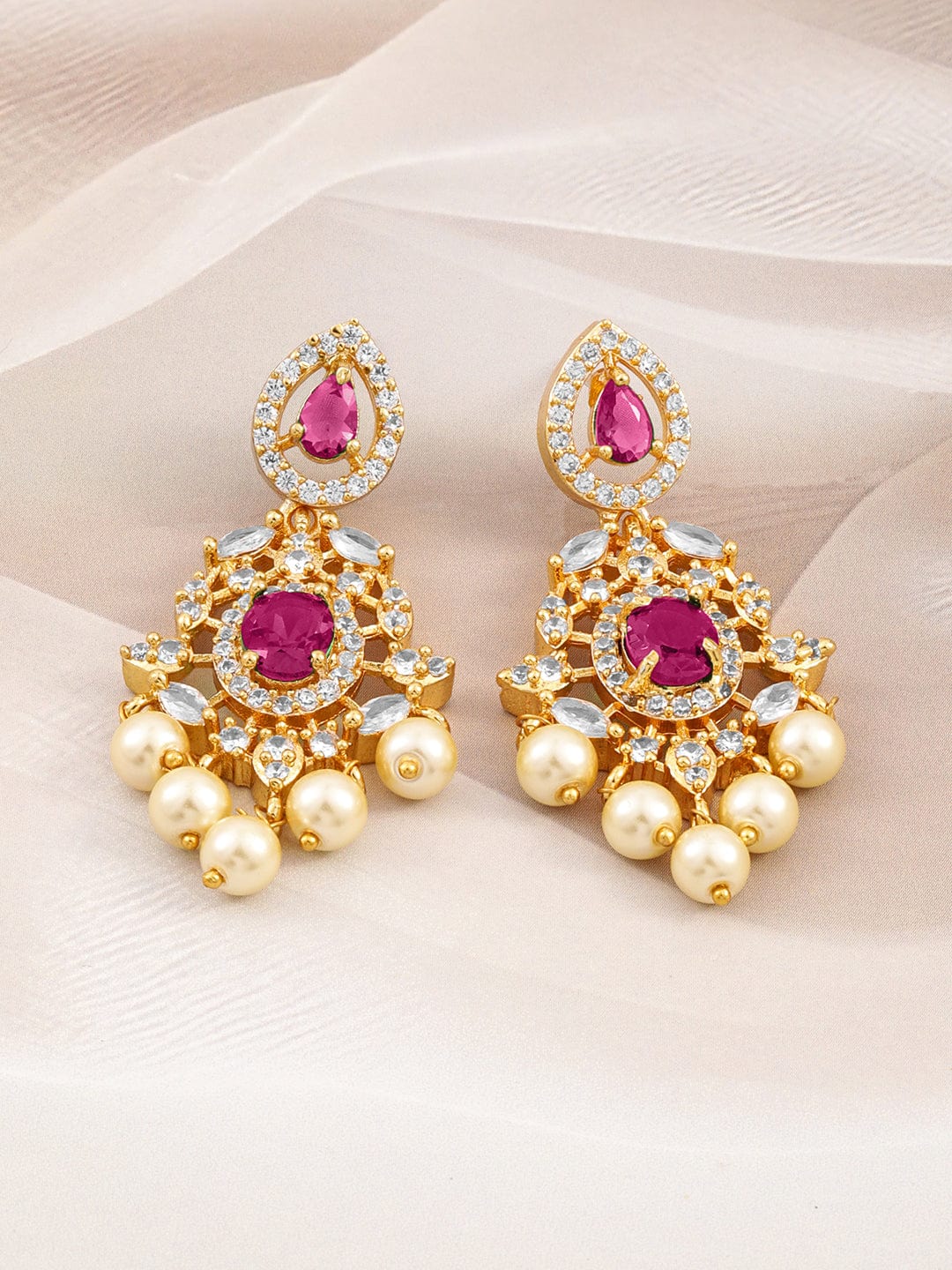 Rubans 22 Kt Gold-Plated Ruby Pink & Cubic Zirconia Studded Chandelier with Pearl Drops Earrings