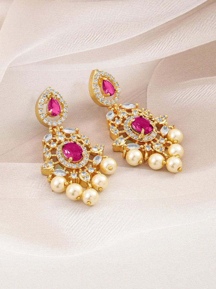 Rubans 22 Kt Gold-Plated Ruby Pink & Cubic Zirconia Studded Chandelier with Pearl Drops Earrings