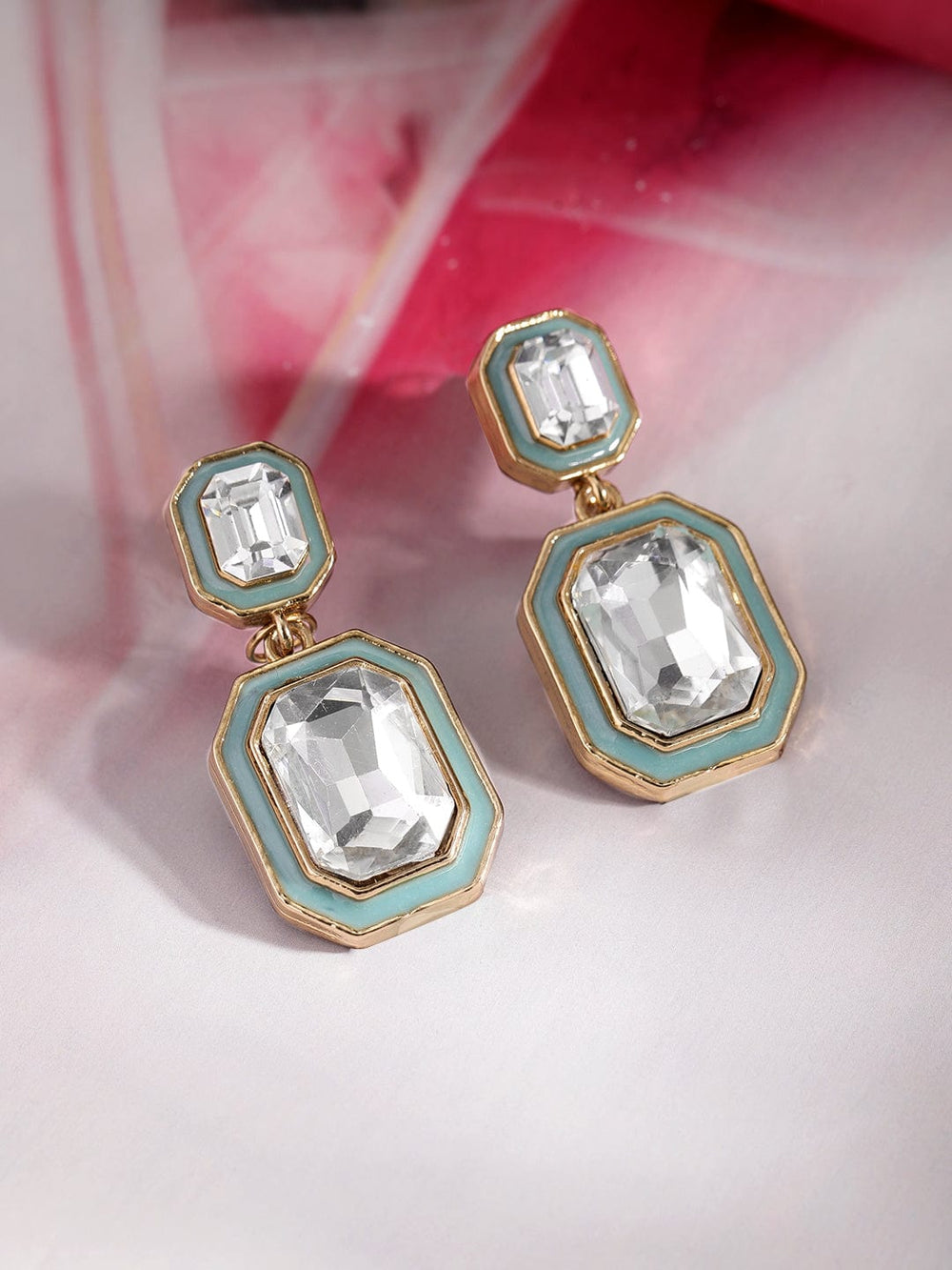 Rubans 22K Antique Gold Blue Enamel Crystal Studded Drop Earrings Earrings