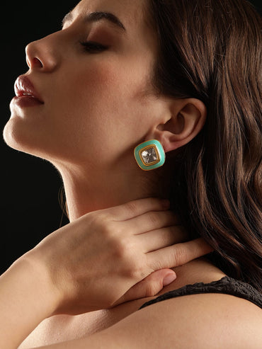 Rubans 22K Antique Gold Crystal studded Blue enamel Stud Earrings Earrings