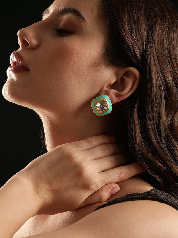 Rubans 22K Antique Gold Crystal studded Blue enamel Stud Earrings Earrings