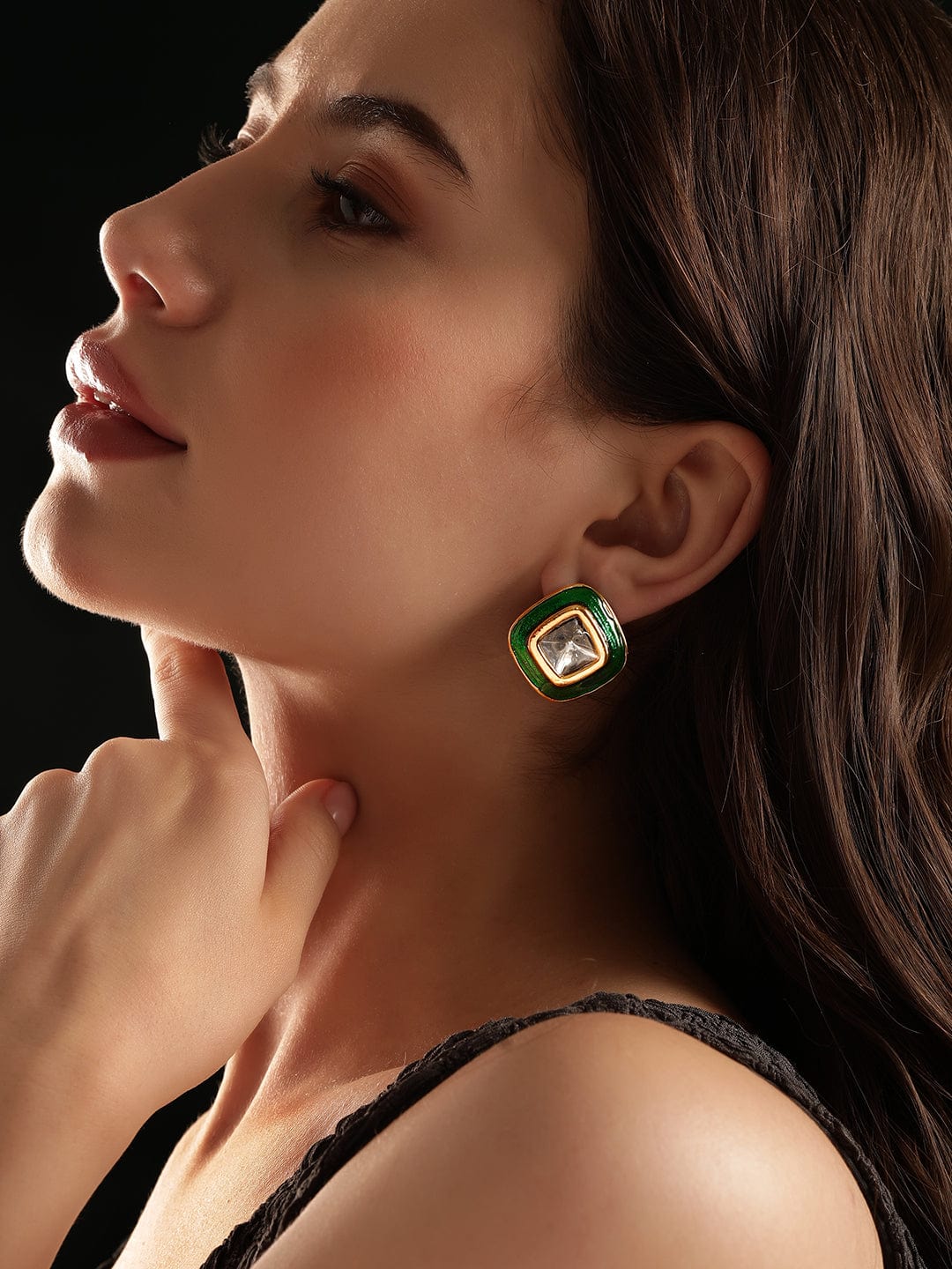 Rubans 22K Antique Gold Crystal Studded Green Enamel Stud Earrings Earrings