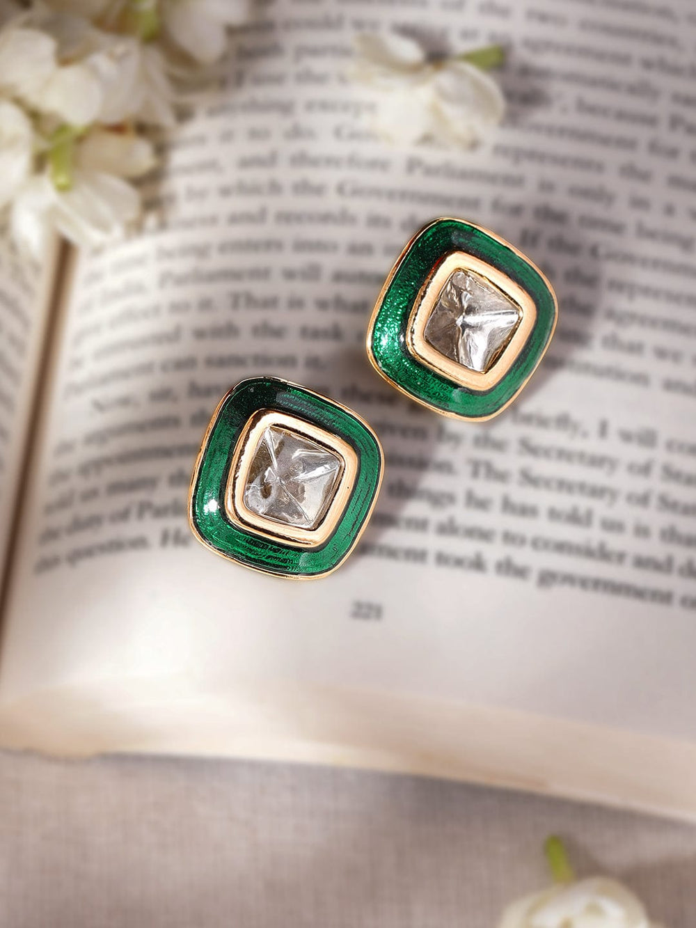 Rubans 22K Antique Gold Crystal Studded Green Enamel Stud Earrings Earrings