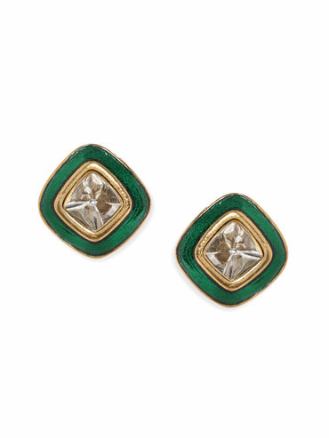 Rubans 22K Antique Gold Crystal Studded Green Enamel Stud Earrings Earrings