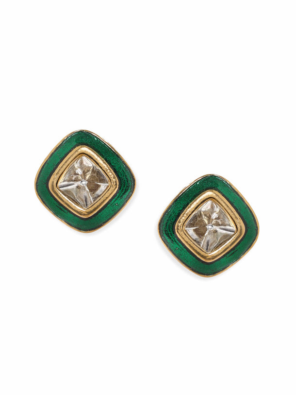 Rubans 22K Antique Gold Crystal Studded Green Enamel Stud Earrings Earrings