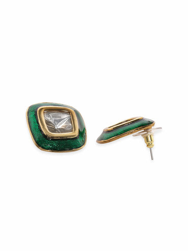Rubans 22K Antique Gold Crystal Studded Green Enamel Stud Earrings Earrings