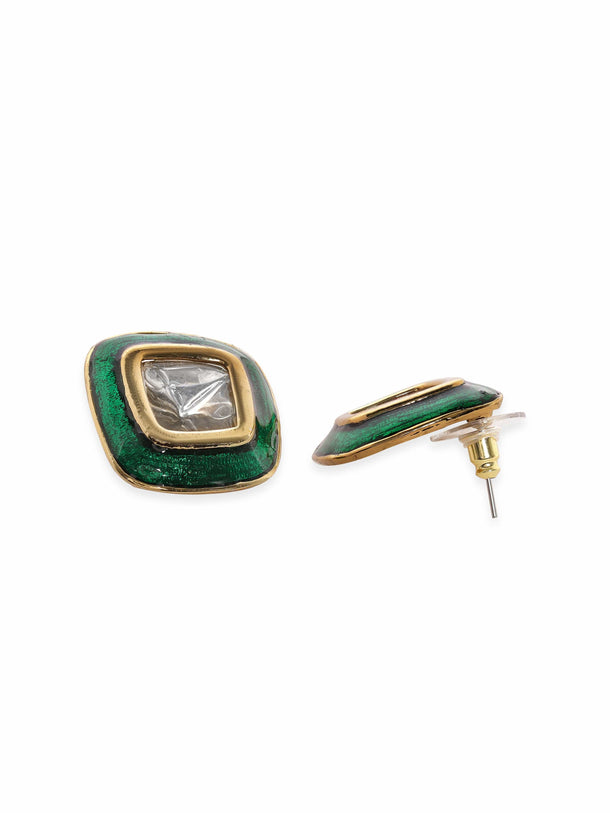 Rubans 22K Antique Gold Crystal Studded Green Enamel Stud Earrings Earrings