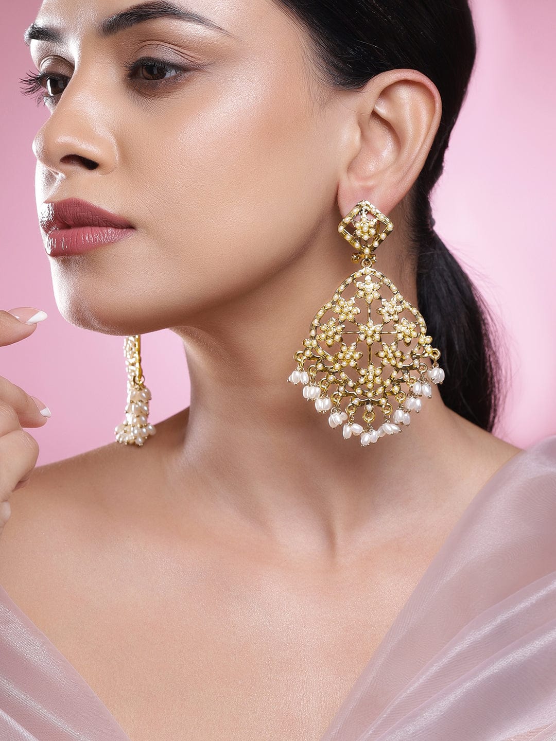 Rubans 22K Antique Gold-Plated Creamy White Pearl Beaded Floral Long Chandbalis Earrings Chandbali Earrings