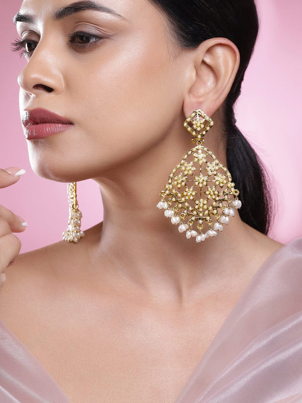 Rubans 22K Antique Gold-Plated Creamy White Pearl Beaded Floral Long Chandbalis Earrings Chandbali Earrings