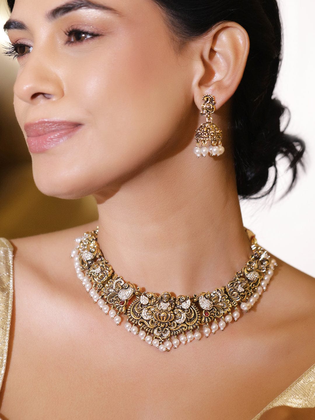 Rubans 22K Antique Gold-Plated Cubic Zirconia & White Pearl Drops Lakshmi Motif Temple Jewellery Set Jewellery Set